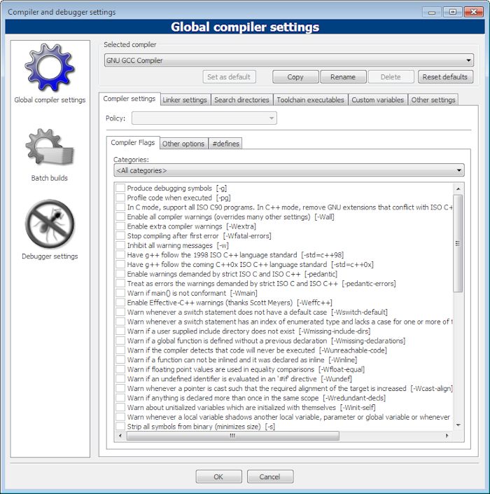 A view of the Global Compiler Settings dialog box.