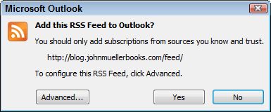 A dialog box showing how an RSS subscription looks in Outlook.