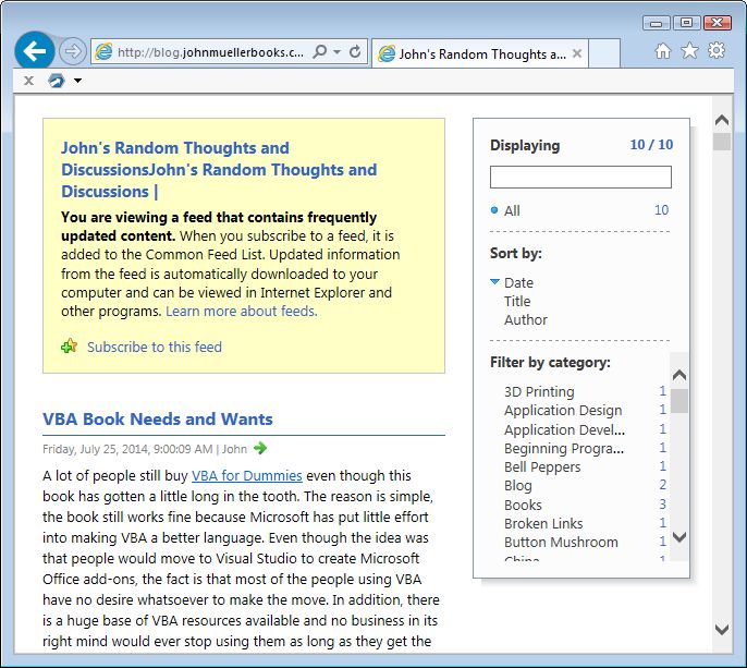 The Internet Explorer window containing the RSS feed for this site.